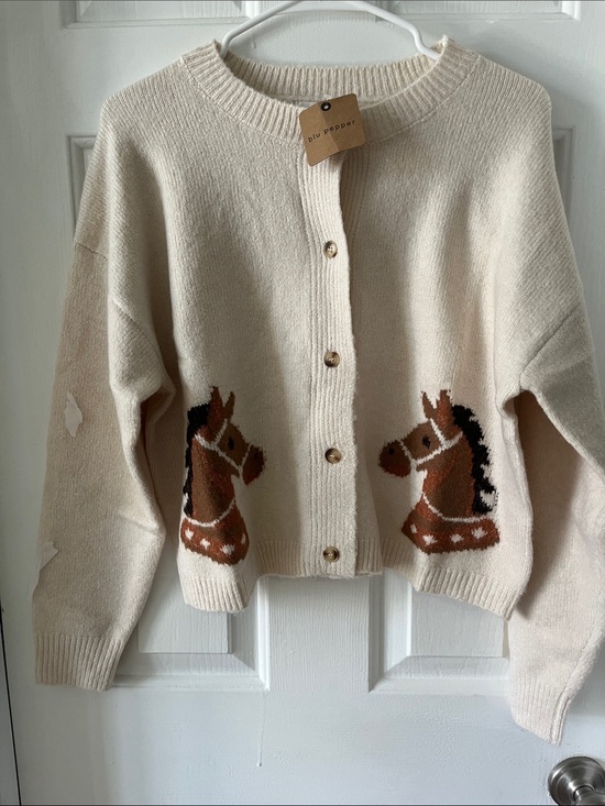 Blu Pepper Sweaters - Blu Pepper Cream Cardigan with Brown Horse Intarsia